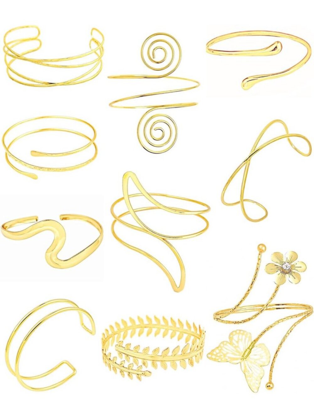 Minimalist Gold Arm Cuff Bracelet Set - Adjustable Upper Arm Bangles for Women